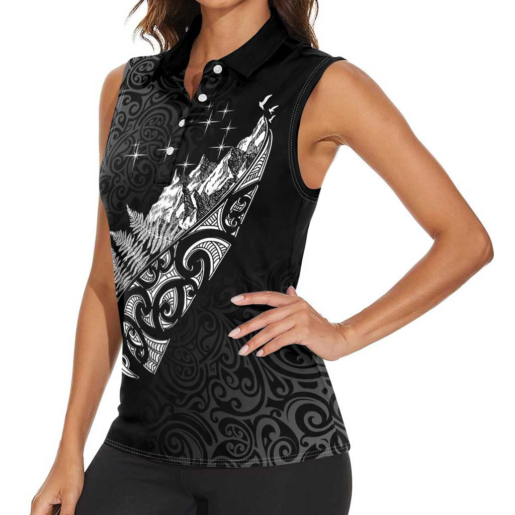 Maori Matariki Women Sleeveless Polo Shirt Landscape Styled Fern - Monochrome