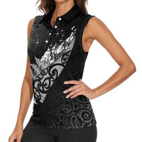 Maori Matariki Women Sleeveless Polo Shirt Landscape Styled Fern - Monochrome