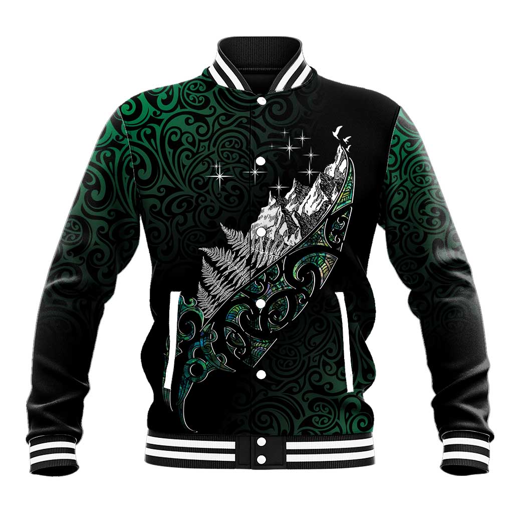 Maori Matariki Baseball Jacket Landscape Styled Fern - Paua Shell LT7 Unisex Green - Polynesian Pride