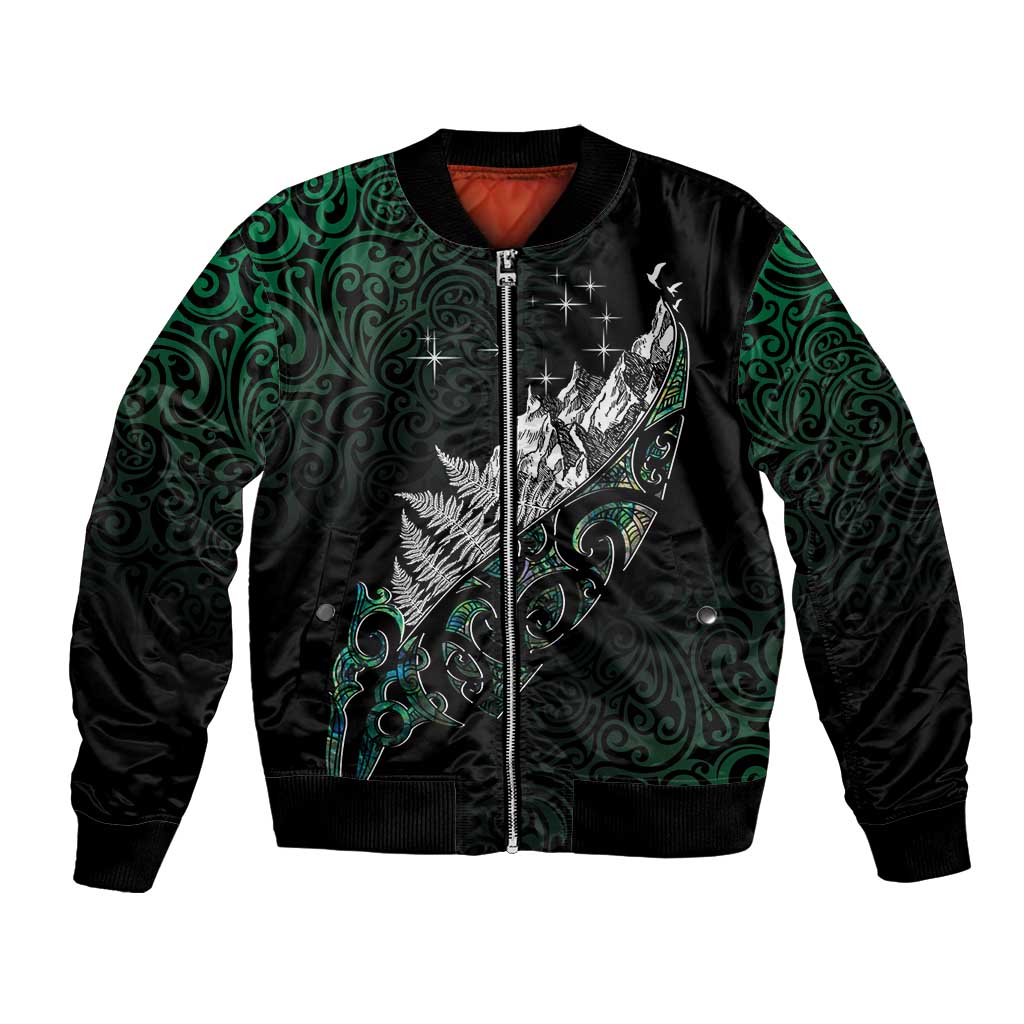 Maori Matariki Bomber Jacket Landscape Styled Fern - Paua Shell LT7 Unisex Green - Polynesian Pride