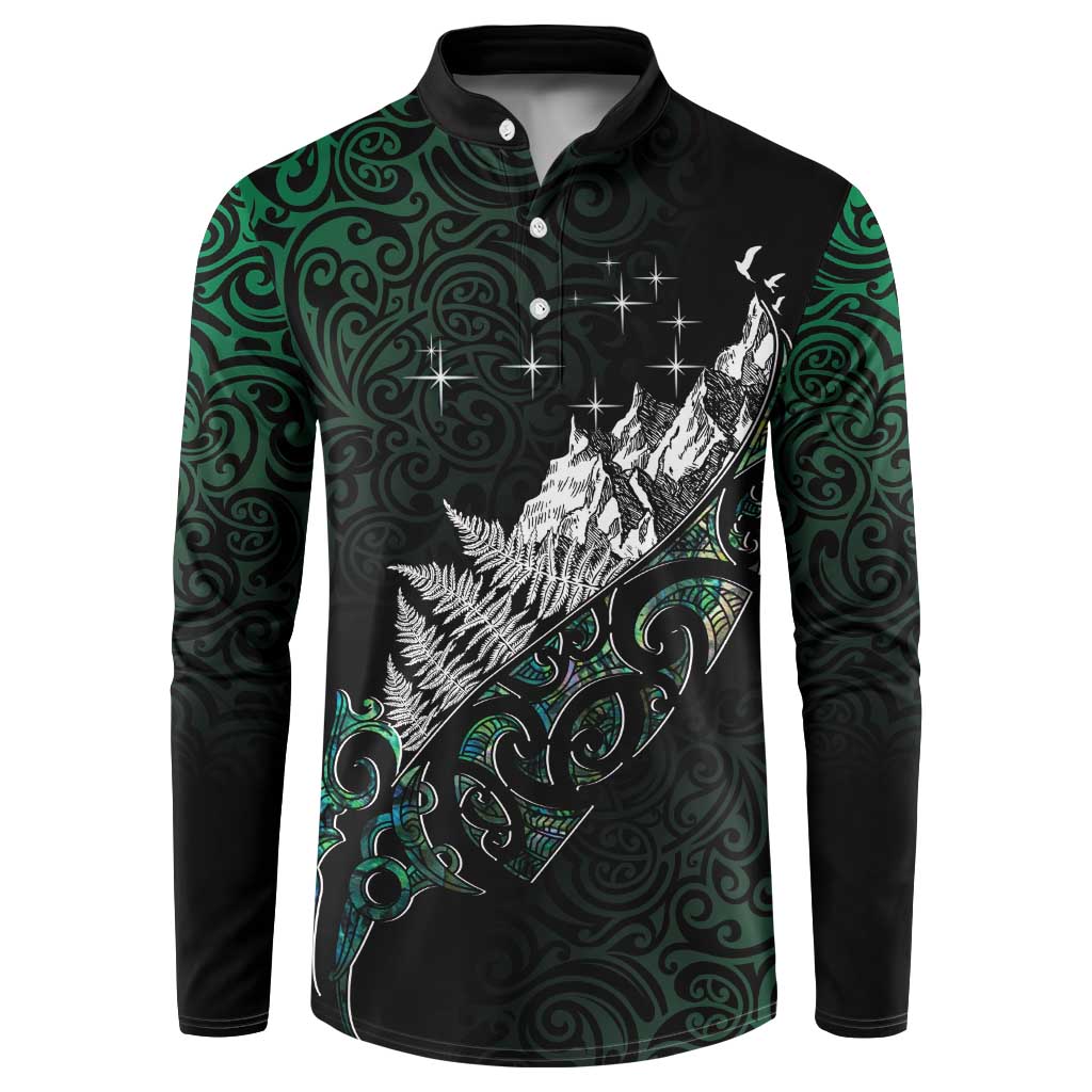 Maori Matariki Button Sweatshirt Landscape Styled Fern - Paua Shell LT7 Green - Polynesian Pride