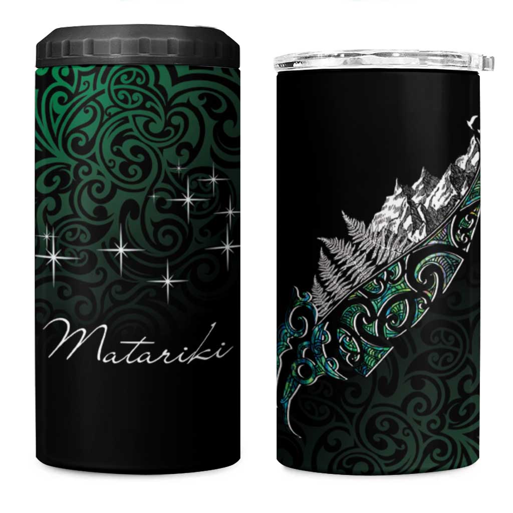 Maori Matariki 4 in 1 Can Cooler Tumbler Landscape Styled Fern - Paua Shell LT7 One Size: 16 oz Green - Polynesian Pride