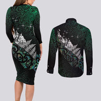Maori Matariki Couples Matching Long Sleeve Bodycon Dress and Long Sleeve Button Shirt Landscape Styled Fern - Paua Shell