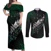 Maori Matariki Couples Matching Off Shoulder Maxi Dress and Long Sleeve Button Shirt Landscape Styled Fern - Paua Shell