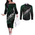 Maori Matariki Couples Matching Off The Shoulder Long Sleeve Dress and Long Sleeve Button Shirt Landscape Styled Fern - Paua Shell
