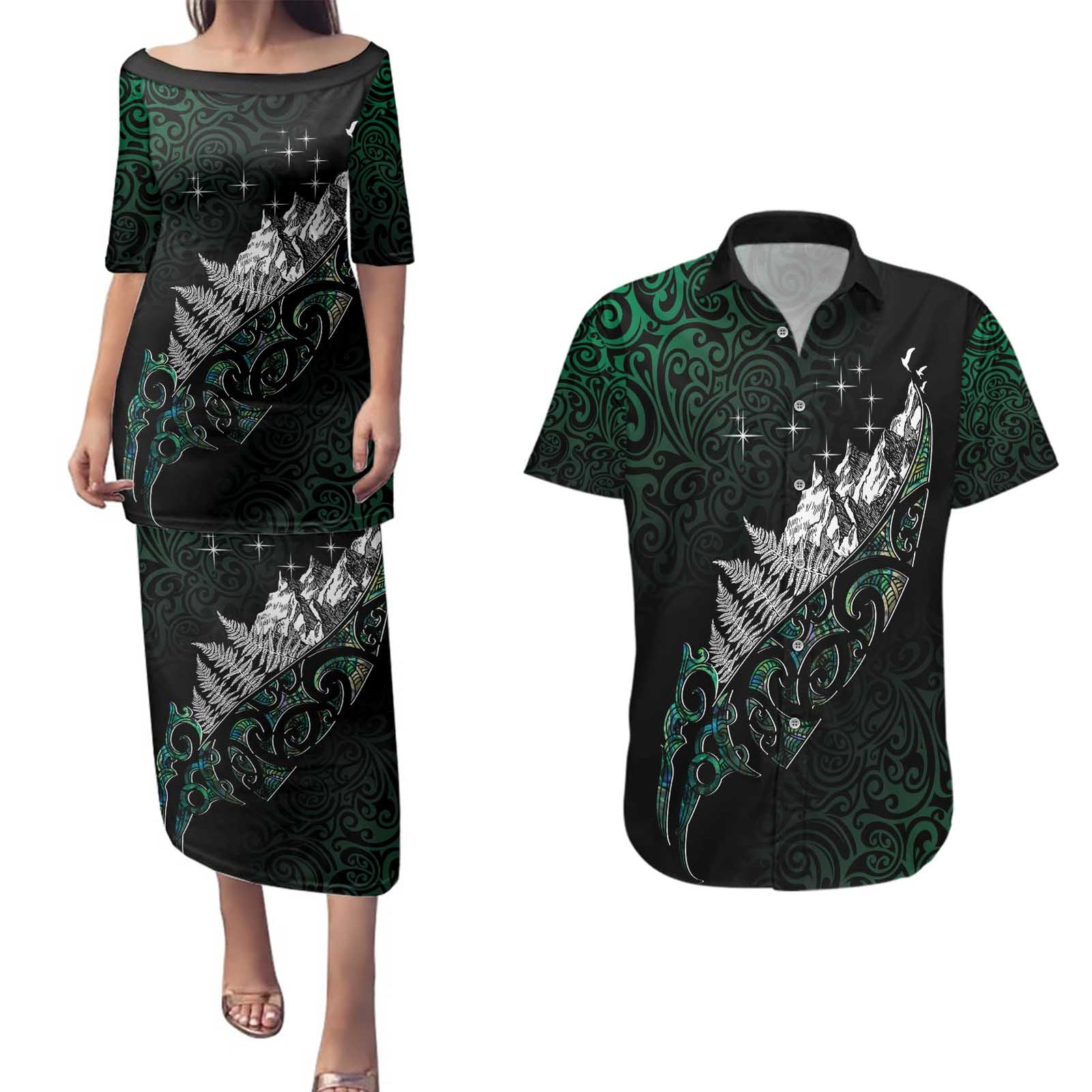 Maori Matariki Couples Matching Puletasi and Hawaiian Shirt Landscape Styled Fern - Paua Shell LT7 Green - Polynesian Pride
