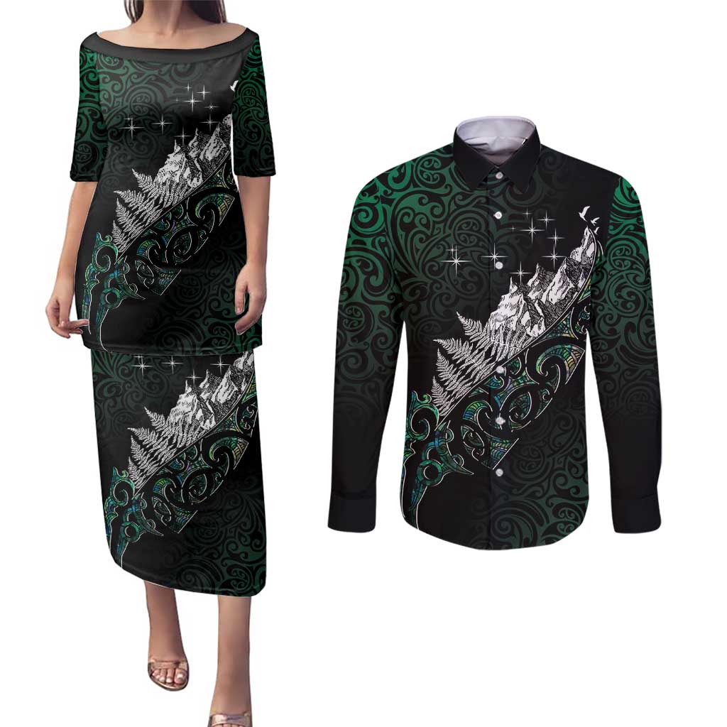 Maori Matariki Couples Matching Puletasi and Long Sleeve Button Shirt Landscape Styled Fern - Paua Shell LT7 Green - Polynesian Pride