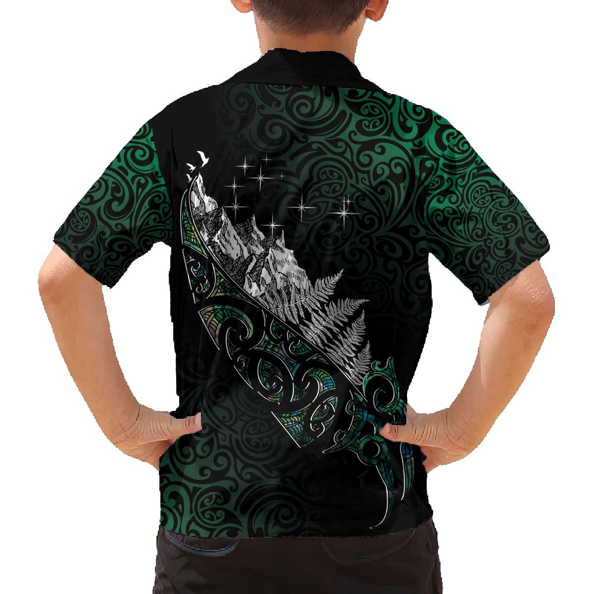 Maori Matariki Family Matching Off The Shoulder Long Sleeve Dress and Hawaiian Shirt Landscape Styled Fern - Paua Shell LT7 - Polynesian Pride
