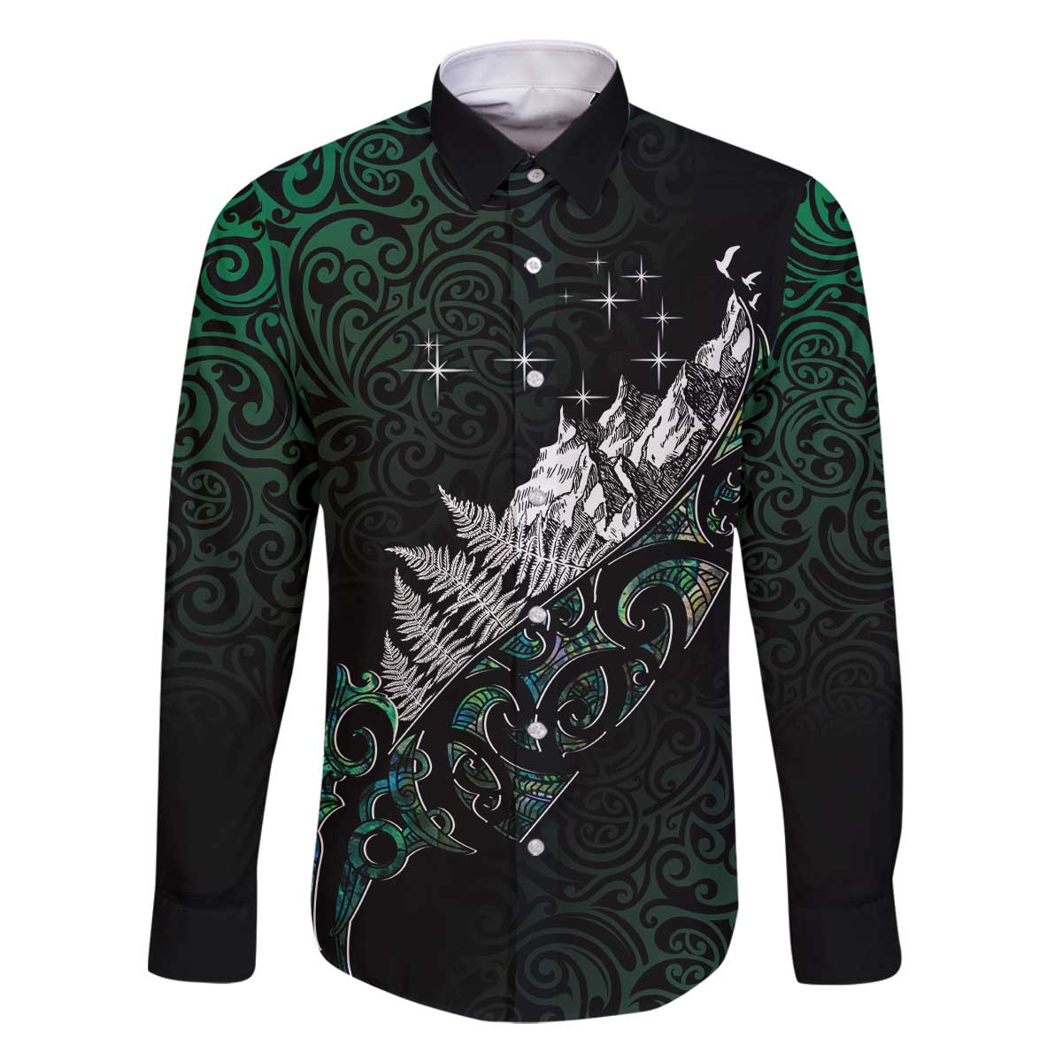 Maori Matariki Family Matching Off The Shoulder Long Sleeve Dress and Hawaiian Shirt Landscape Styled Fern - Paua Shell LT7 Dad's Shirt - Long Sleeve Green - Polynesian Pride