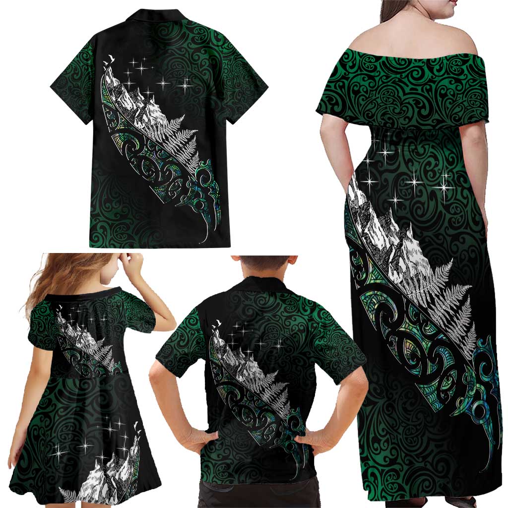 Maori Matariki Family Matching Off Shoulder Maxi Dress and Hawaiian Shirt Landscape Styled Fern - Paua Shell