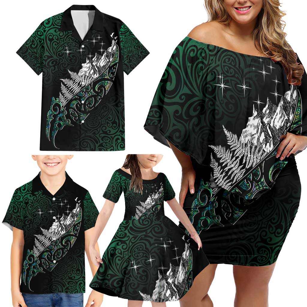Maori Matariki Family Matching Off Shoulder Short Dress and Hawaiian Shirt Landscape Styled Fern - Paua Shell