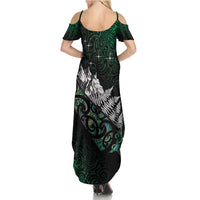 Maori Matariki Family Matching Summer Maxi Dress and Hawaiian Shirt Landscape Styled Fern - Paua Shell