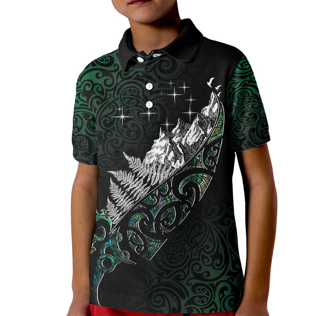Maori Matariki Kid Polo Shirt Landscape Styled Fern - Paua Shell LT7 Kid Green - Polynesian Pride