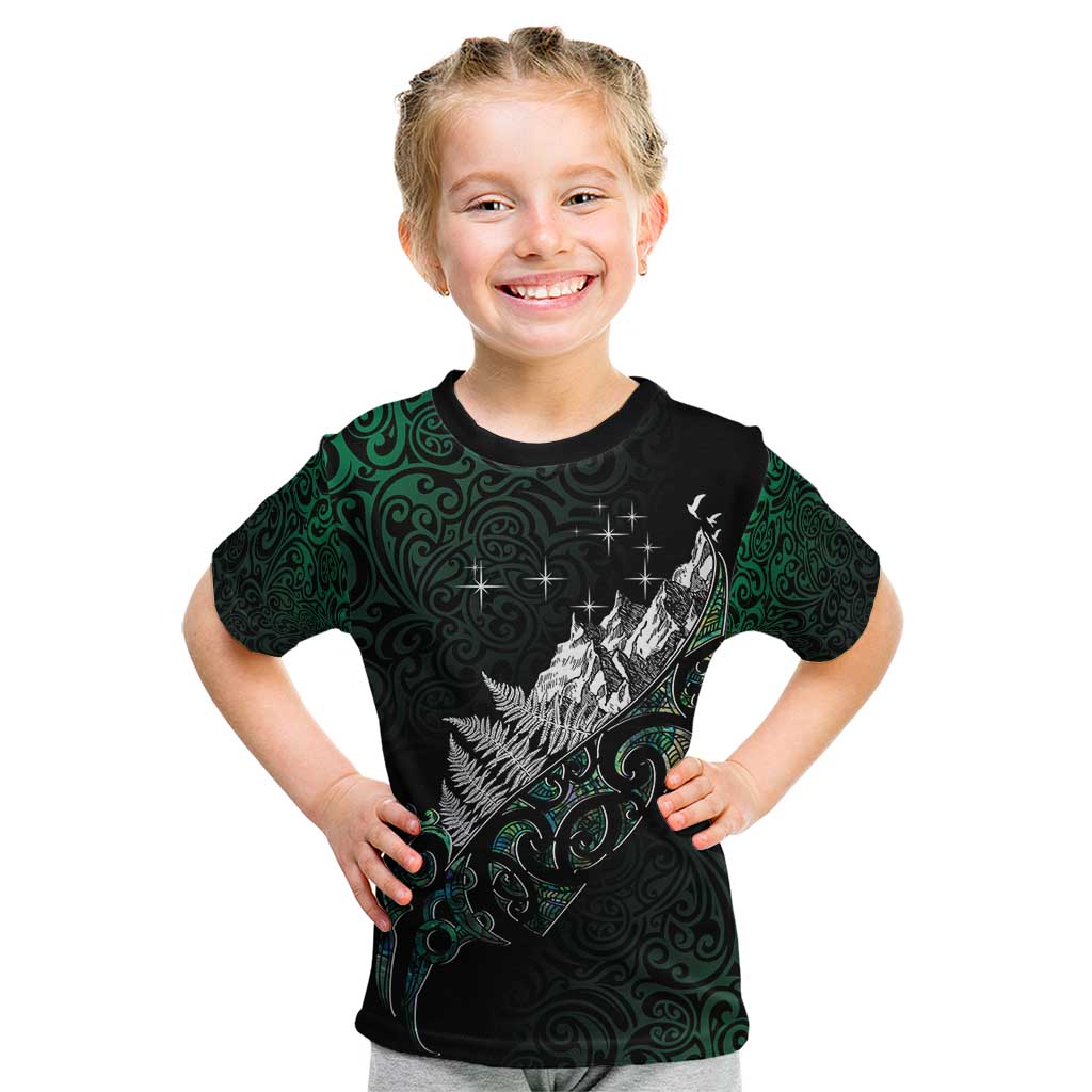 Maori Matariki Kid T Shirt Landscape Styled Fern - Paua Shell LT7 Green - Polynesian Pride