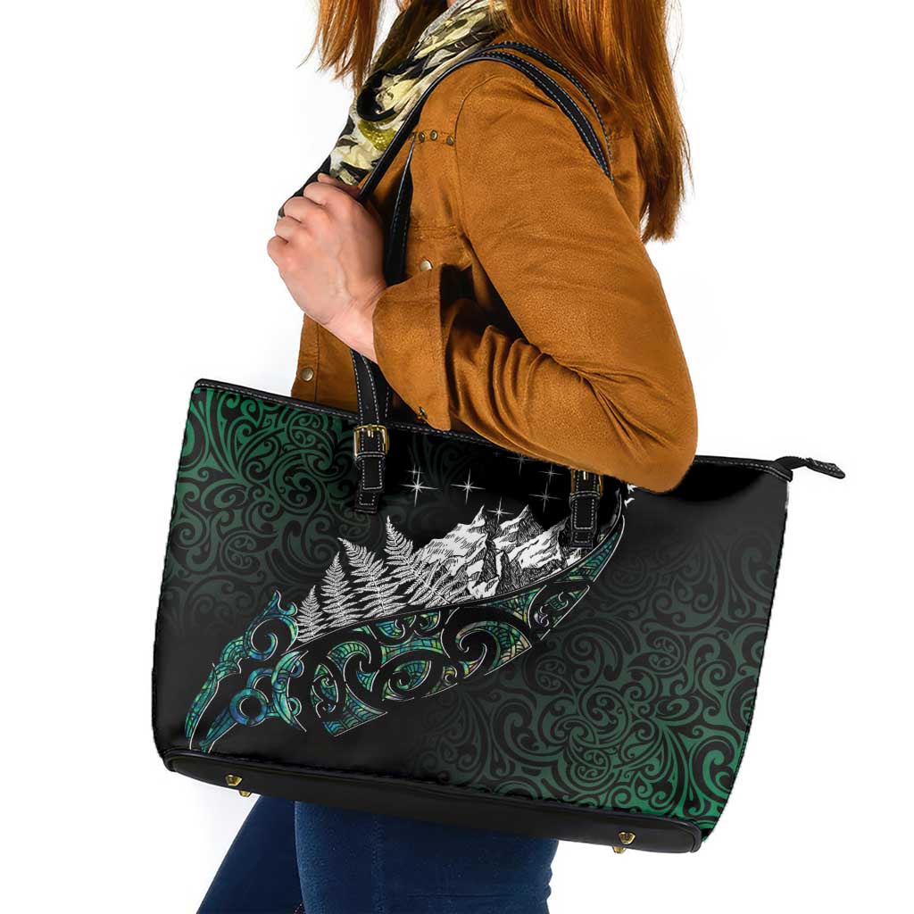 Maori Matariki Leather Tote Bag Landscape Styled Fern - Paua Shell LT7 Green - Polynesian Pride