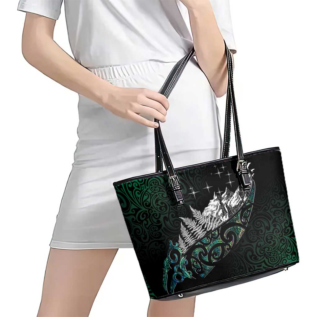 Maori Matariki Leather Tote Bag Landscape Styled Fern - Paua Shell LT7 - Polynesian Pride