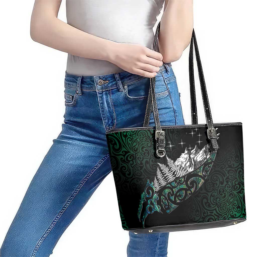 Maori Matariki Leather Tote Bag Landscape Styled Fern - Paua Shell LT7 - Polynesian Pride