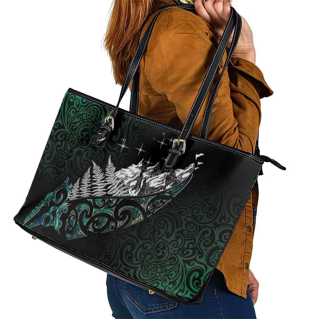 Maori Matariki Leather Tote Bag Landscape Styled Fern - Paua Shell LT7 - Polynesian Pride