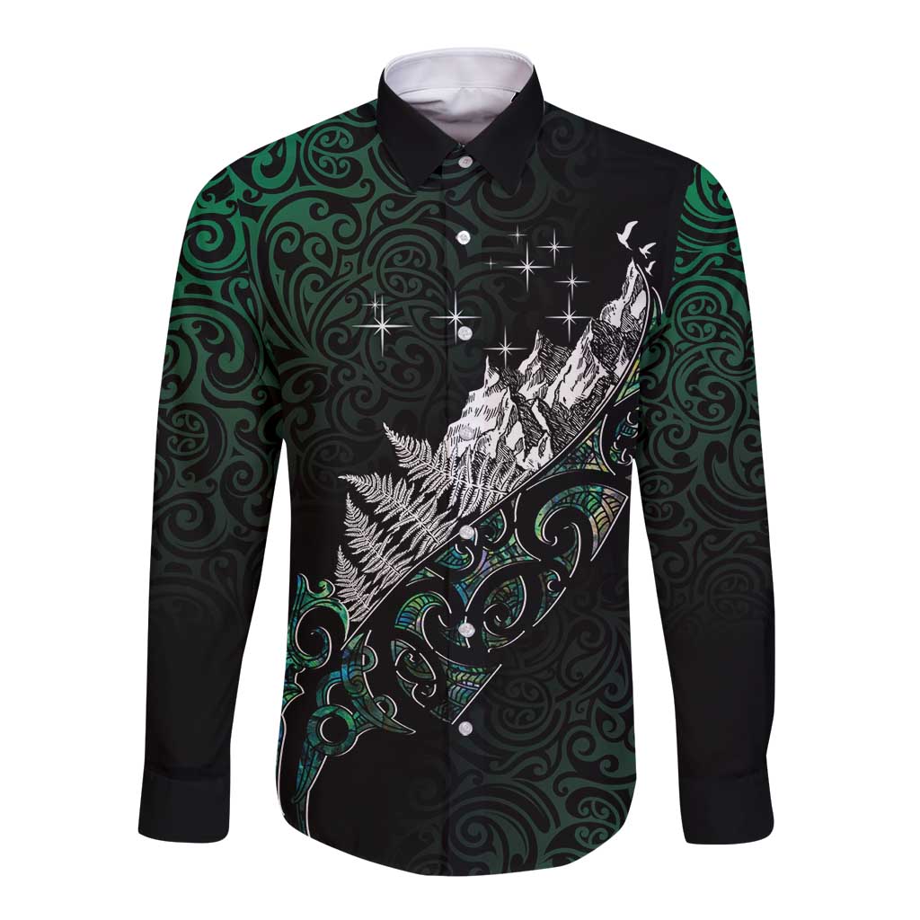 Maori Matariki Long Sleeve Button Shirt Landscape Styled Fern - Paua Shell LT7 Unisex Green - Polynesian Pride