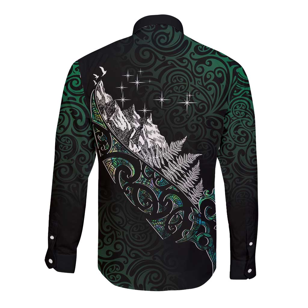 Maori Matariki Long Sleeve Button Shirt Landscape Styled Fern - Paua Shell