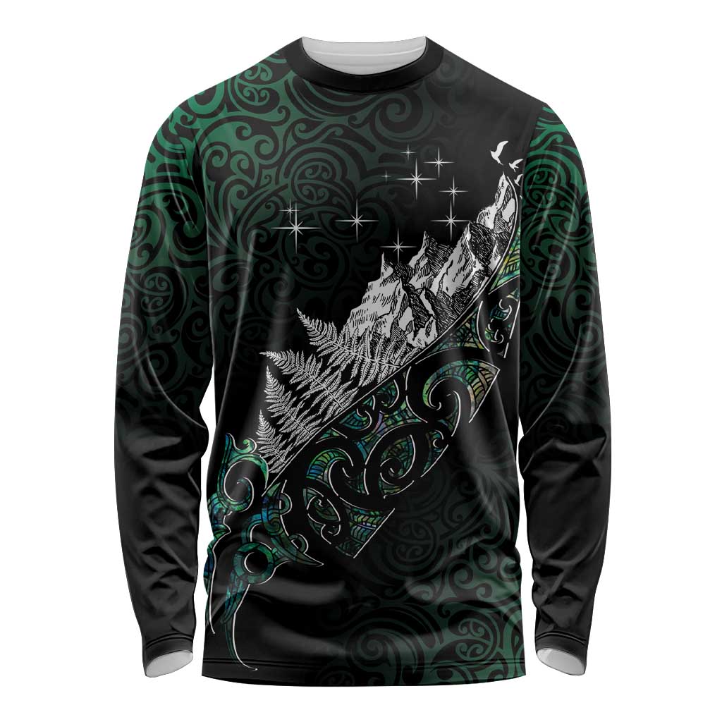Maori Matariki Long Sleeve Shirt Landscape Styled Fern - Paua Shell LT7 Unisex Green - Polynesian Pride