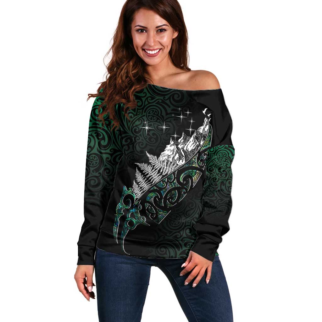 Maori Matariki Off Shoulder Sweater Landscape Styled Fern - Paua Shell LT7 Women Green - Polynesian Pride