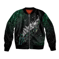 Maori Matariki Sleeve Zip Bomber Jacket Landscape Styled Fern - Paua Shell LT7 Unisex Green - Polynesian Pride