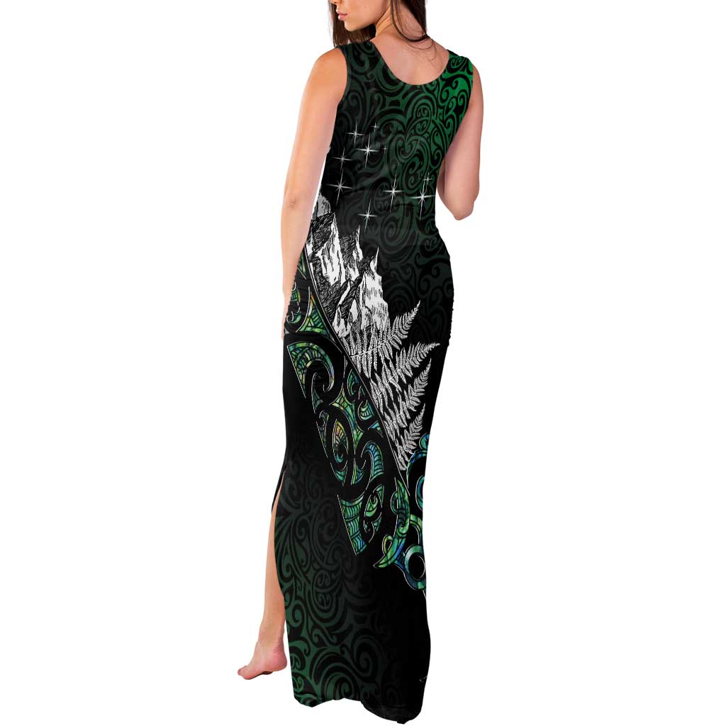 Maori Matariki Tank Maxi Dress Landscape Styled Fern - Paua Shell