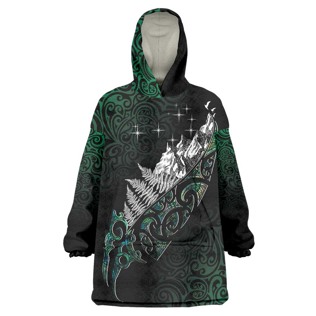 Maori Matariki Wearable Blanket Hoodie Landscape Styled Fern - Paua Shell LT7 One Size Green - Polynesian Pride