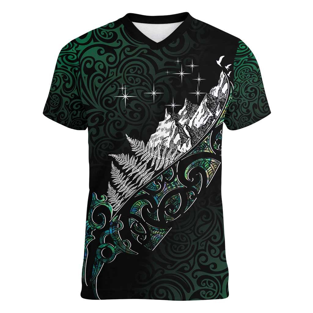 Maori Matariki Women V-Neck T-Shirt Landscape Styled Fern - Paua Shell LT7 Female Green - Polynesian Pride