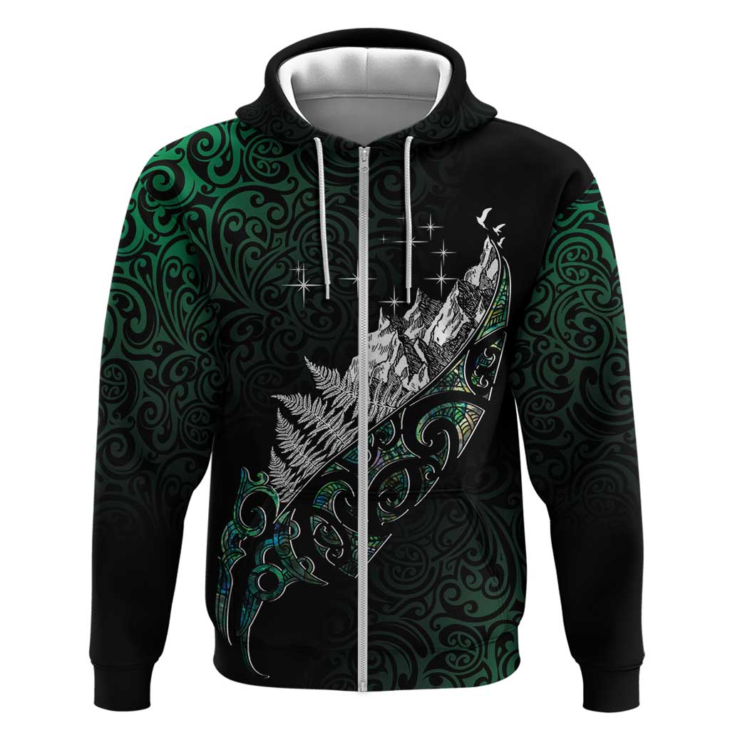 Maori Matariki Zip Hoodie Landscape Styled Fern - Paua Shell LT7 Zip Hoodie Green - Polynesian Pride