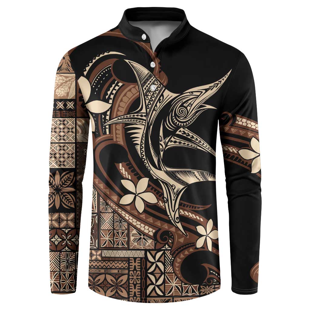 Samoa Manuia le Aso Tuto'atasi Button Sweatshirt Siapo Mamanu Mix Tatau Marlin LT7 Black - Polynesian Pride