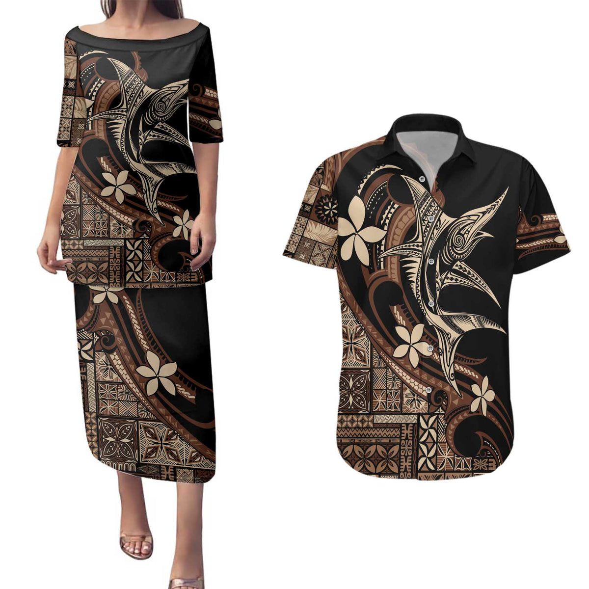 Samoa Manuia le Aso Tuto'atasi Couples Matching Puletasi and Hawaiian Shirt Siapo Mamanu Mix Tatau Marlin