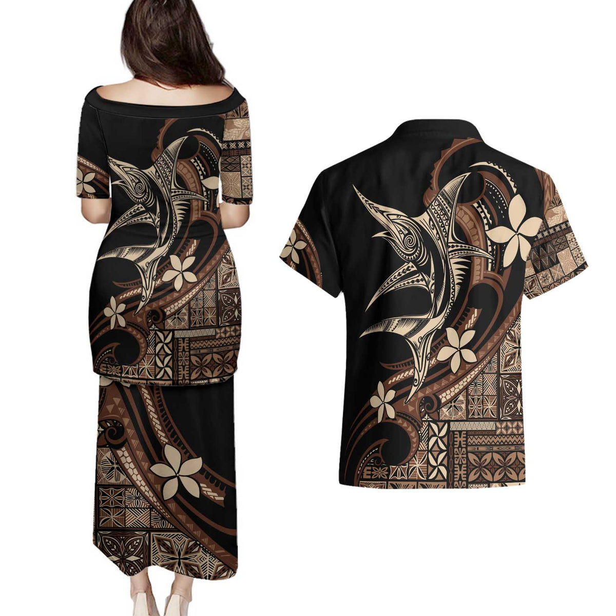 Samoa Manuia le Aso Tuto'atasi Couples Matching Puletasi and Hawaiian Shirt Siapo Mamanu Mix Tatau Marlin