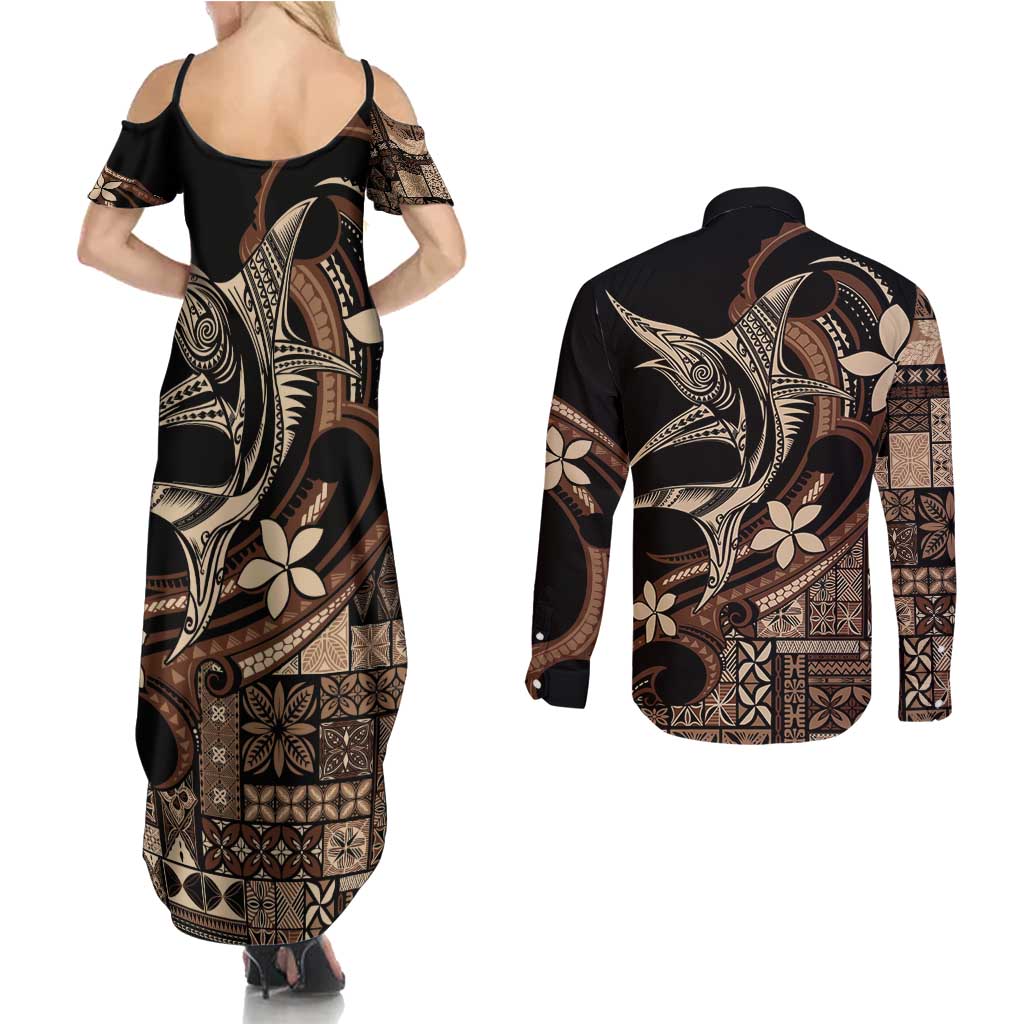 Samoa Manuia le Aso Tuto'atasi Couples Matching Summer Maxi Dress and Long Sleeve Button Shirt Siapo Mamanu Mix Tatau Marlin
