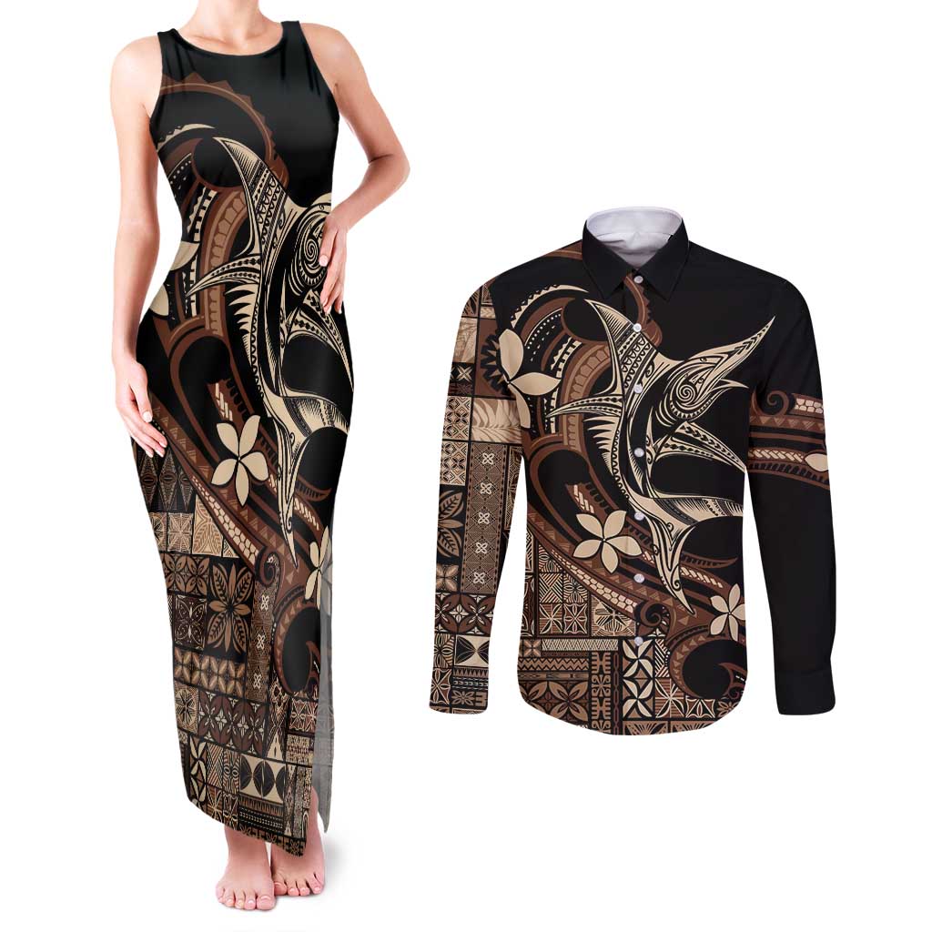 Samoa Manuia le Aso Tuto'atasi Couples Matching Tank Maxi Dress and Long Sleeve Button Shirt Siapo Mamanu Mix Tatau Marlin LT7 Black - Polynesian Pride