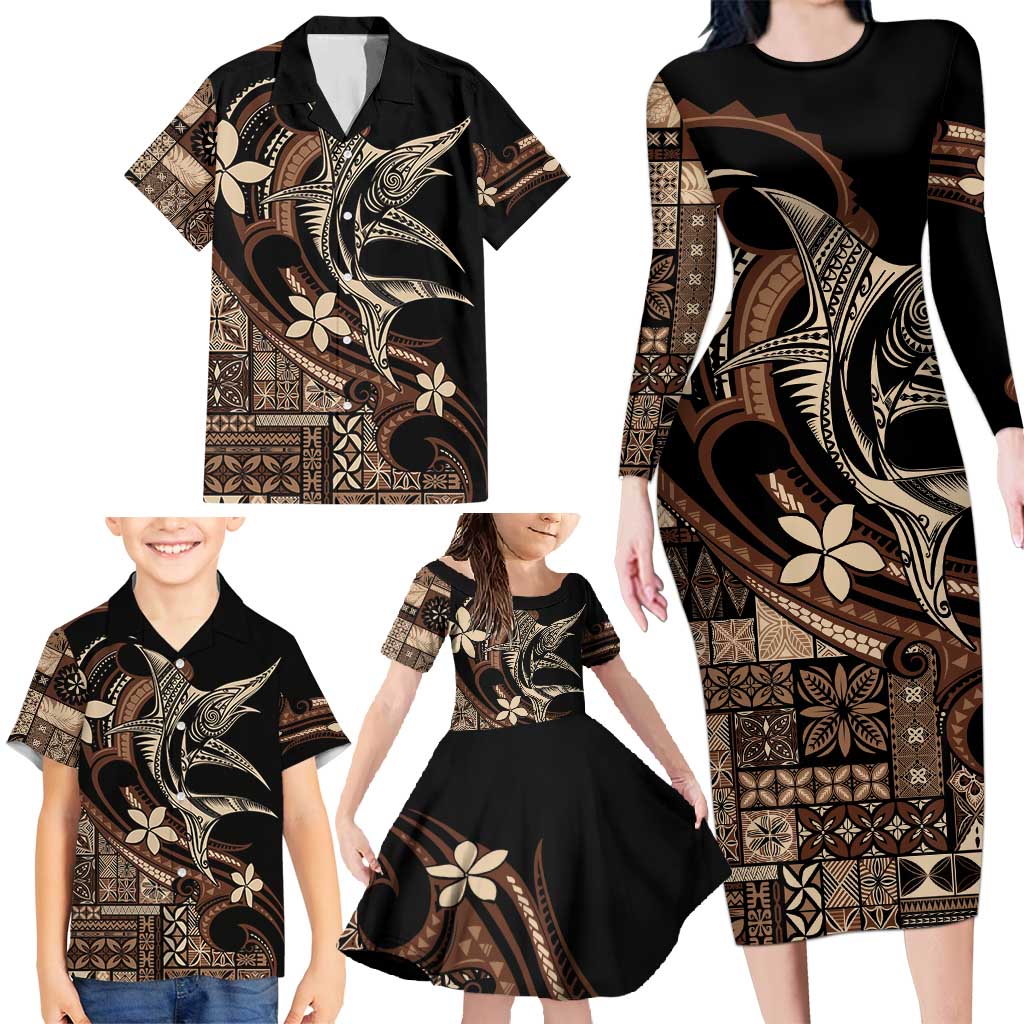 Samoa Manuia le Aso Tuto'atasi Family Matching Long Sleeve Bodycon Dress and Hawaiian Shirt Siapo Mamanu Mix Tatau Marlin