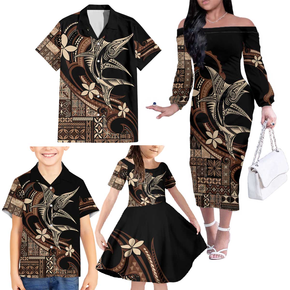 Samoa Manuia le Aso Tuto'atasi Family Matching Off The Shoulder Long Sleeve Dress and Hawaiian Shirt Siapo Mamanu Mix Tatau Marlin