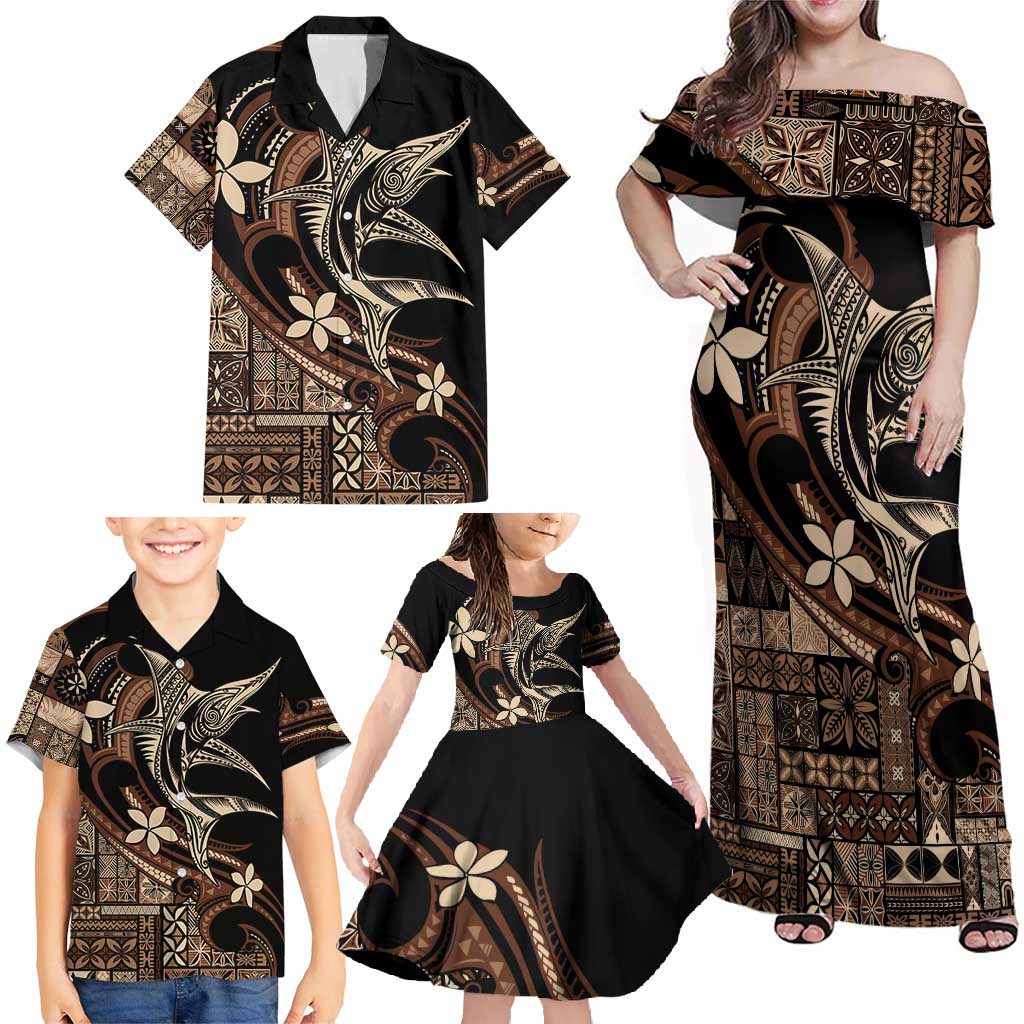 Samoa Manuia le Aso Tuto'atasi Family Matching Off Shoulder Maxi Dress and Hawaiian Shirt Siapo Mamanu Mix Tatau Marlin
