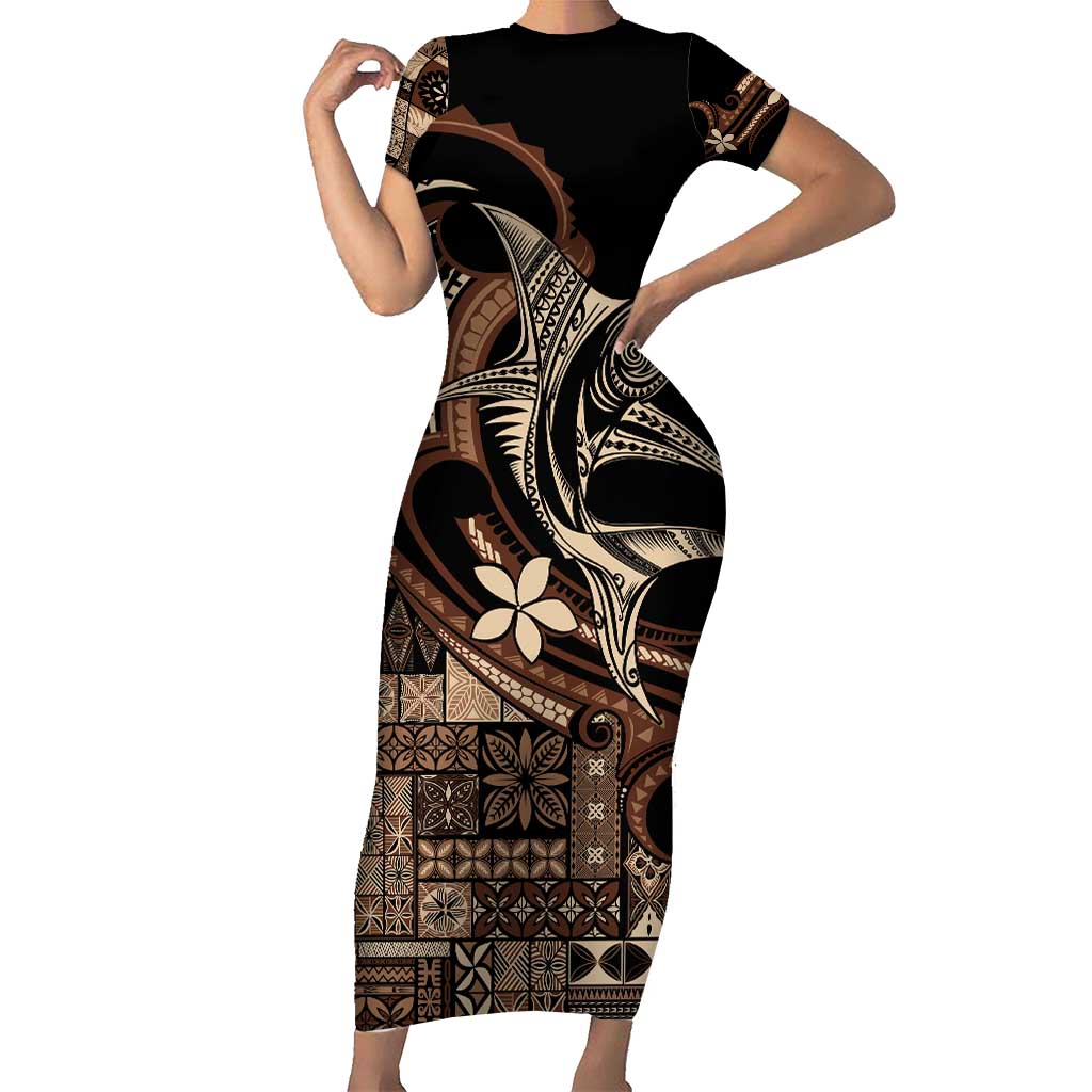 Samoa Manuia le Aso Tuto'atasi Short Sleeve Bodycon Dress Siapo Mamanu Mix Tatau Marlin