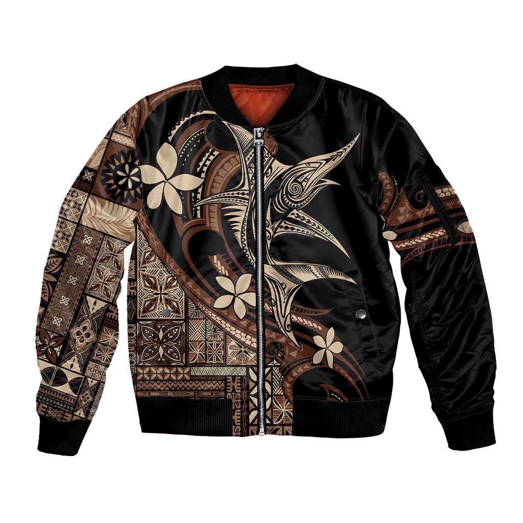 Samoa Manuia le Aso Tuto'atasi Sleeve Zip Bomber Jacket Siapo Mamanu Mix Tatau Marlin LT7 Unisex Black - Polynesian Pride