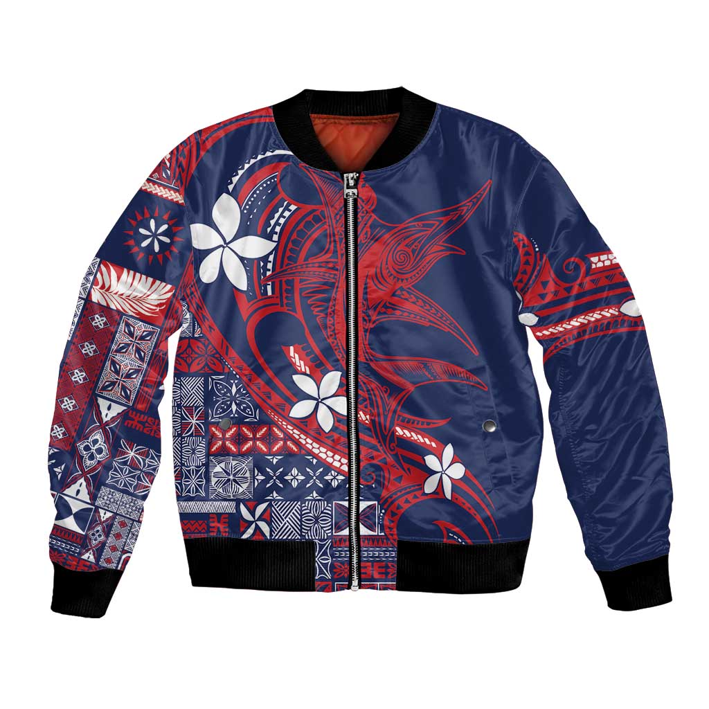 Samoa Manuia le Aso Tuto'atasi Bomber Jacket Siapo Mamanu Mix Tatau Marlin - Flag Color LT7 Unisex Blue - Polynesian Pride