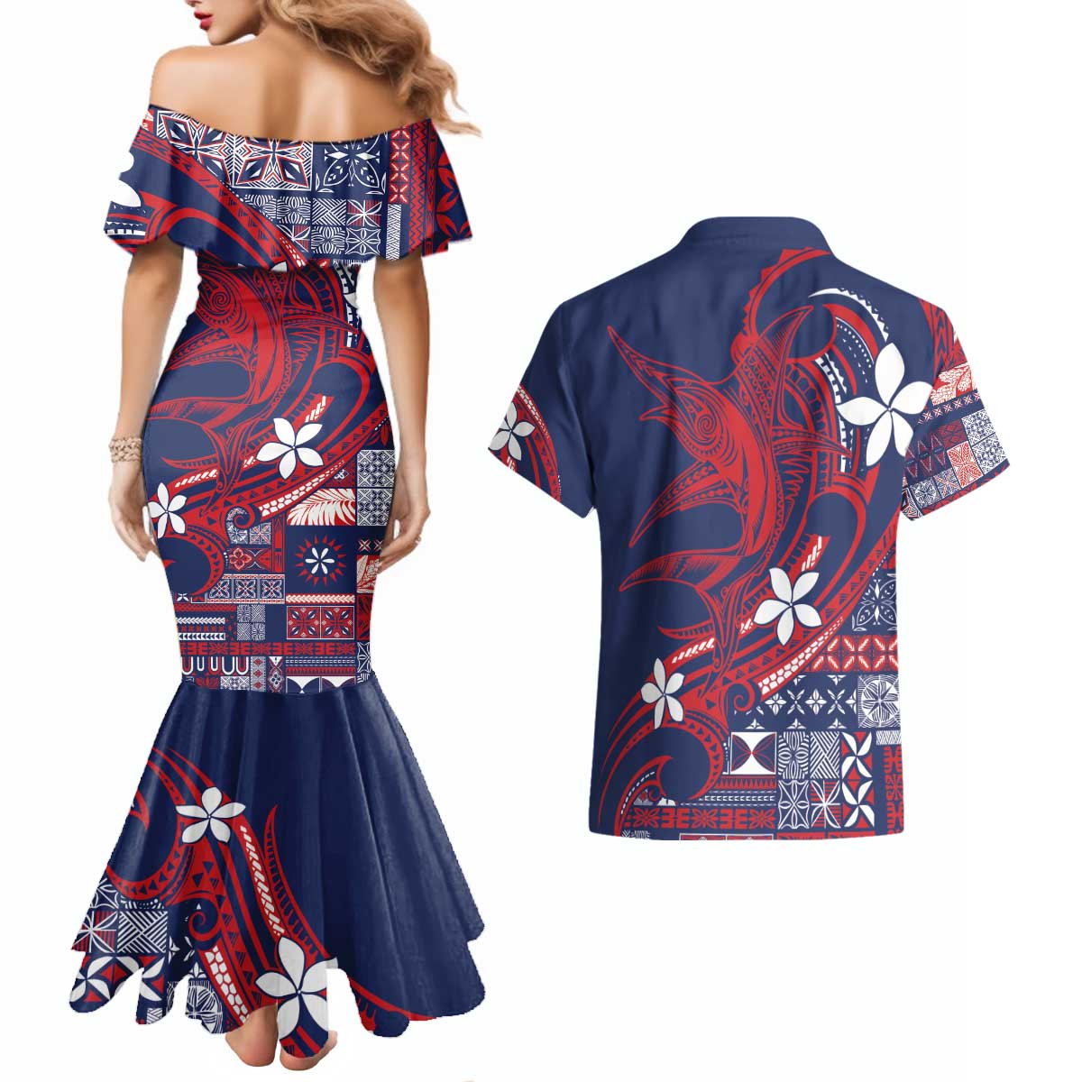 Samoa Manuia le Aso Tuto'atasi Couples Matching Mermaid Dress and Hawaiian Shirt Siapo Mamanu Mix Tatau Marlin - Flag Color