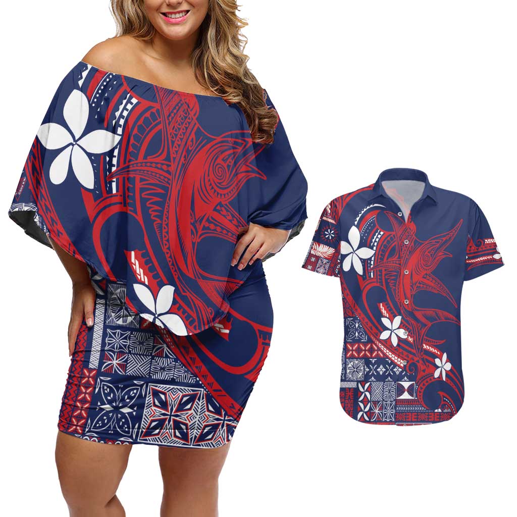 Samoa Manuia le Aso Tuto'atasi Couples Matching Off Shoulder Short Dress and Hawaiian Shirt Siapo Mamanu Mix Tatau Marlin - Flag Color