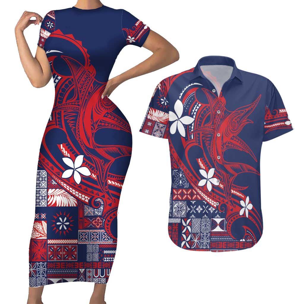 Samoa Manuia le Aso Tuto'atasi Couples Matching Short Sleeve Bodycon Dress and Hawaiian Shirt Siapo Mamanu Mix Tatau Marlin - Flag Color