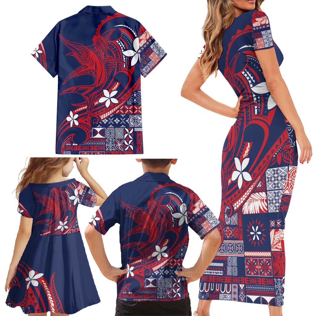 Samoa Manuia le Aso Tuto'atasi Family Matching Short Sleeve Bodycon Dress and Hawaiian Shirt Siapo Mamanu Mix Tatau Marlin - Flag Color