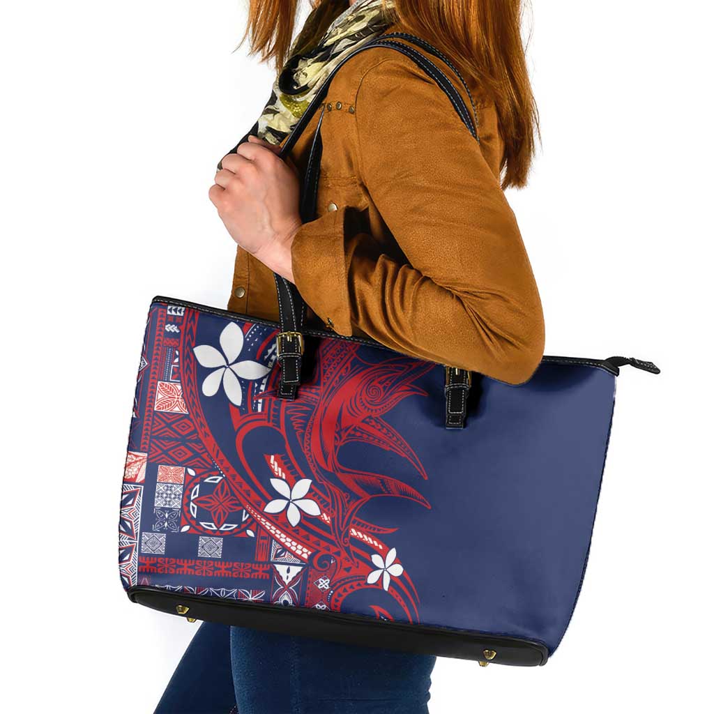 Samoa Manuia le Aso Tuto'atasi Leather Tote Bag Siapo Mamanu Mix Tatau Marlin - Flag Color LT7 Blue - Polynesian Pride