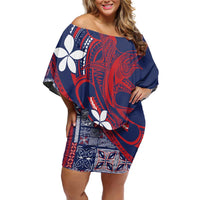 Samoa Manuia le Aso Tuto'atasi Off Shoulder Short Dress Siapo Mamanu Mix Tatau Marlin - Flag Color