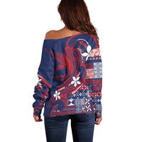 Samoa Manuia le Aso Tuto'atasi Off Shoulder Sweater Siapo Mamanu Mix Tatau Marlin - Flag Color