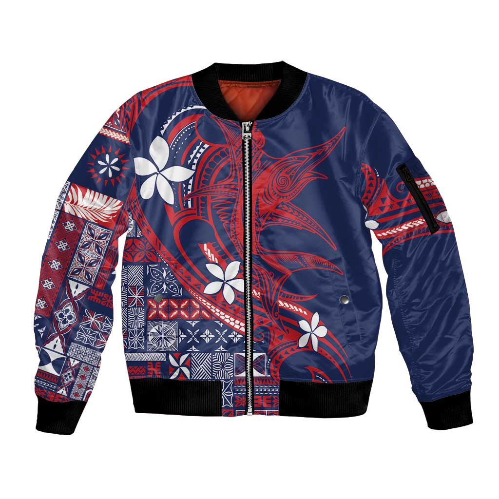 Samoa Manuia le Aso Tuto'atasi Sleeve Zip Bomber Jacket Siapo Mamanu Mix Tatau Marlin - Flag Color LT7 Unisex Blue - Polynesian Pride
